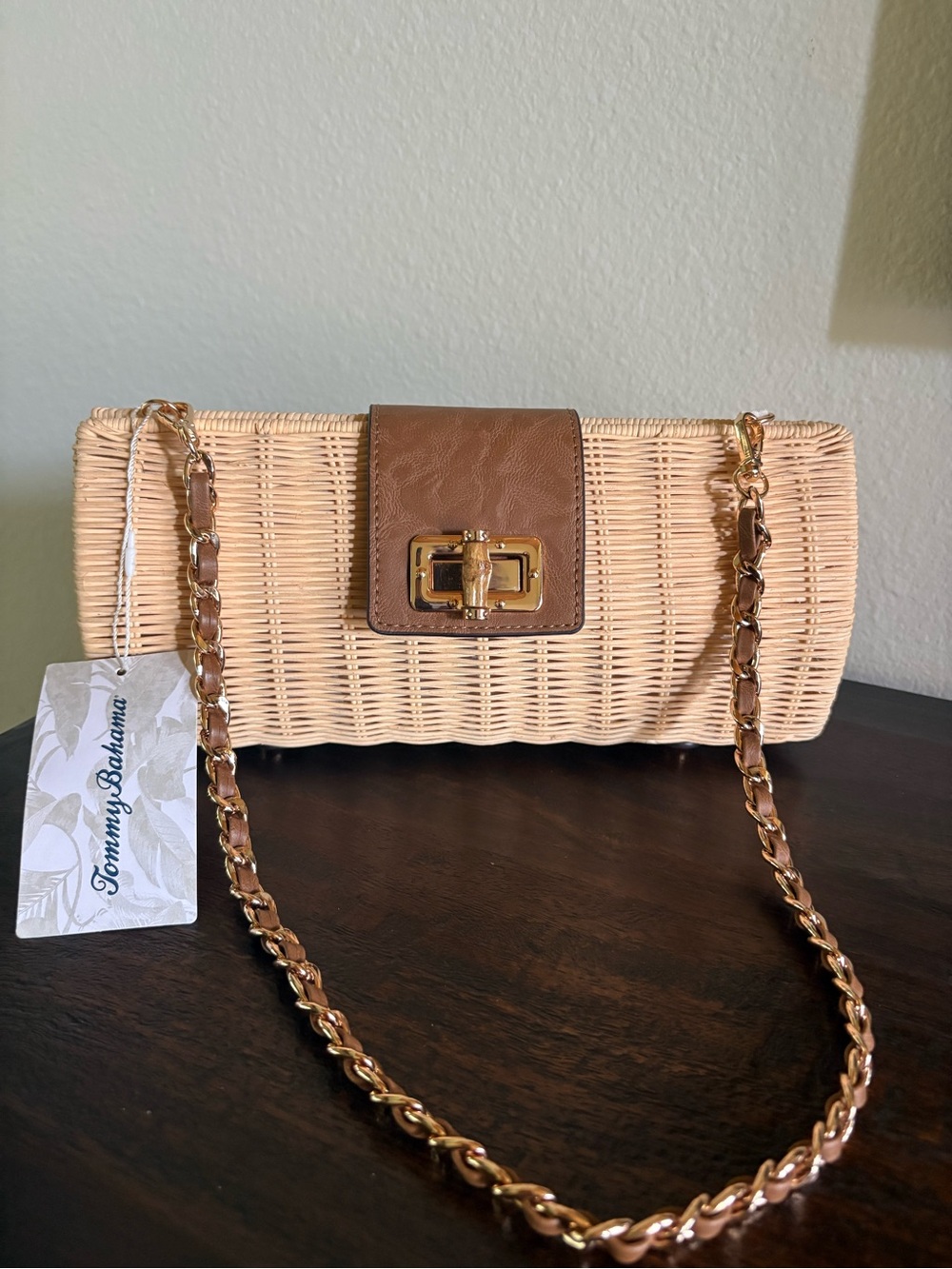 Tommy Bahama Beige Wicker Clutch with Brown Trim and Gold Chain